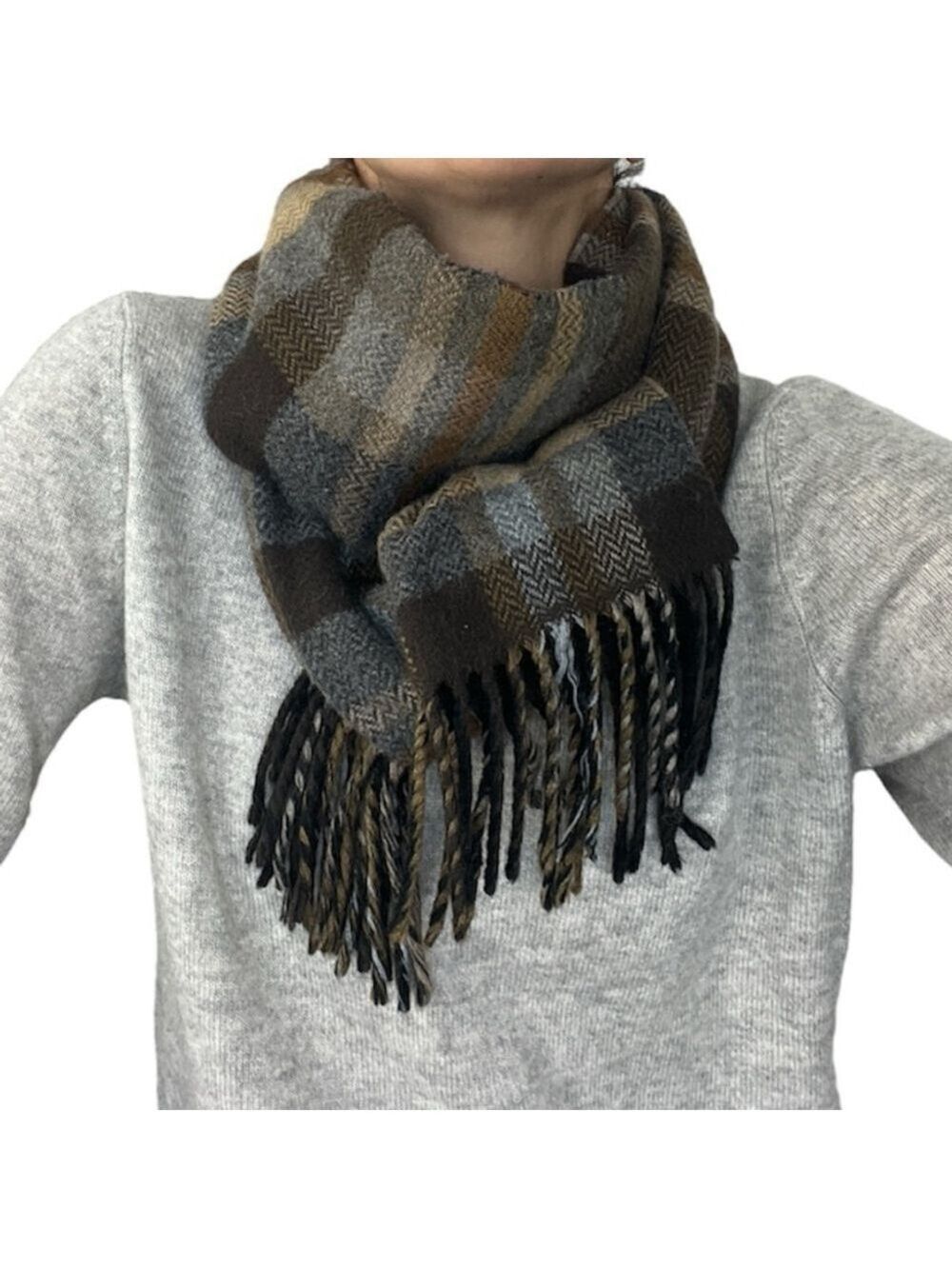 V FRASS Germany classic brown gray black herringbone plaid cashmink scarf